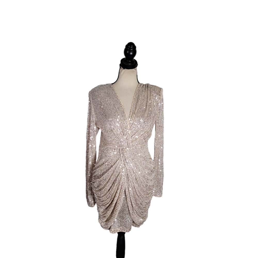 Fashion NOVA gold Sequin large long sleeves V neck draped mini dress